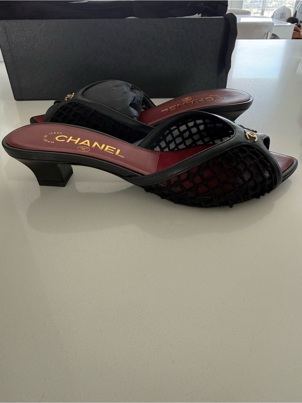 CHANEL Black Mesh & Leather Slide Mules with Gold CC with receipt - Size 36C - Picture 2 of 6